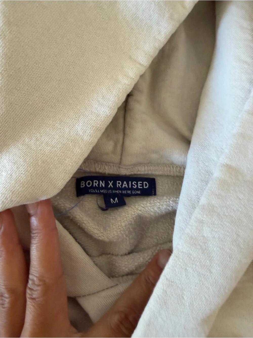 BORN X RAISED Cream Hoodie with Yellow & Blue Logo